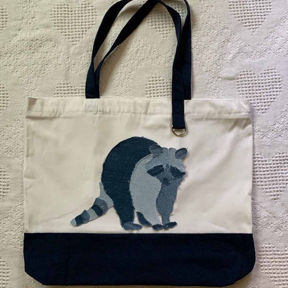 Raccoon Patchwork Hand Cut Handmade Denim Design On Premium Zippered Tote